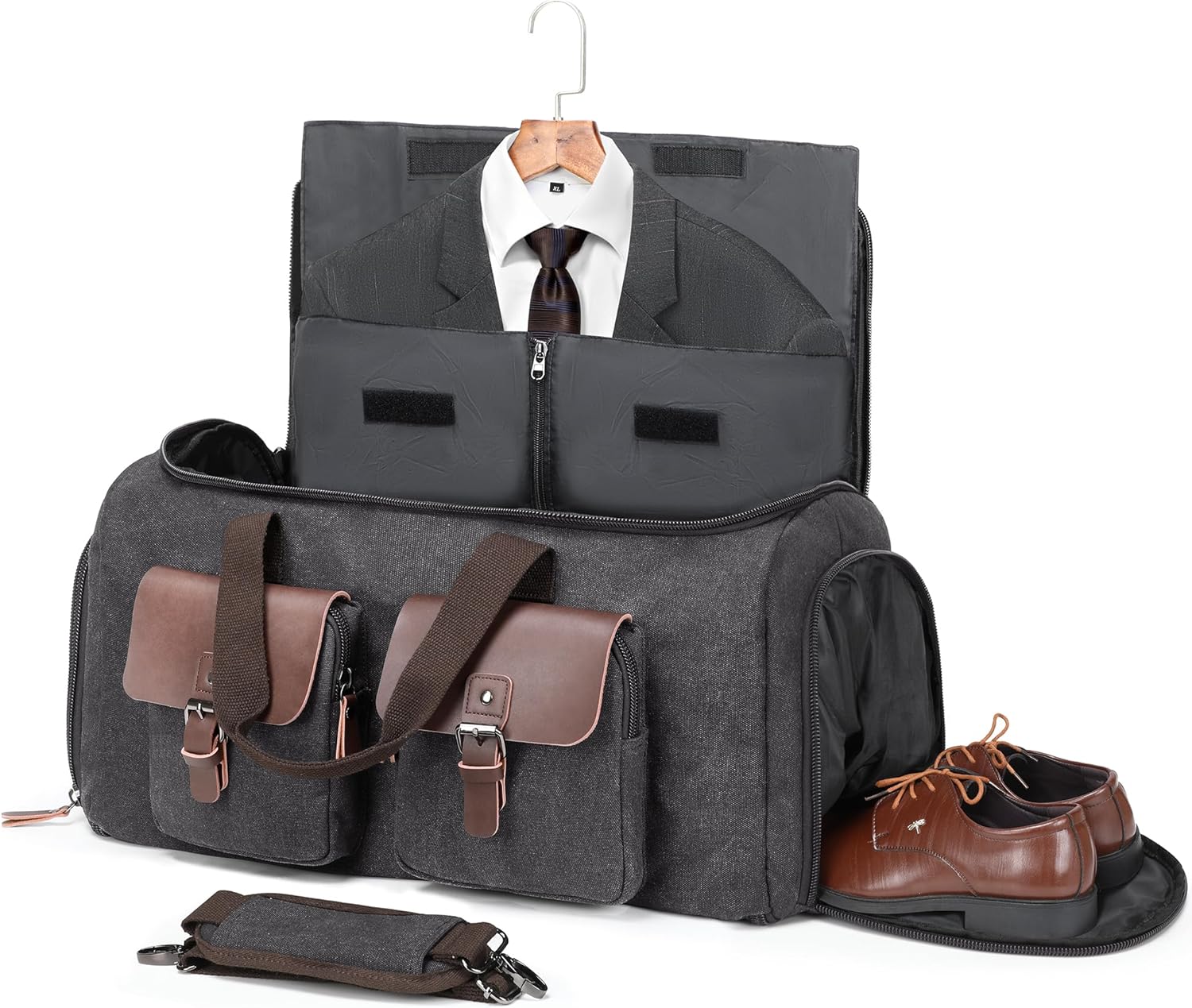Canvas Garment Bags for Travel, Convertible Carry On Garment Duffel Bag for Men Women, 2 in 1 Suit Bag Hanging Suitcase Business Travel Bag with Shoe Compartment (Grey, L) Grey L