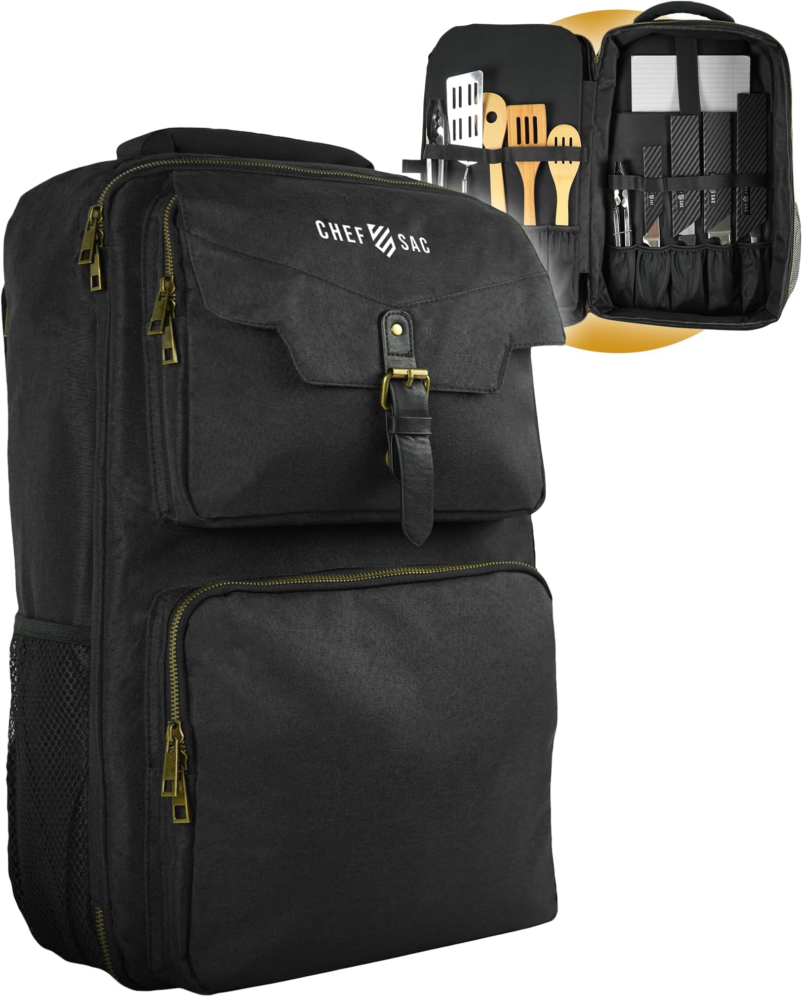 Chef Knife Backpack TRAVELLER - Patented Knife Retention Panels with Hook-and-Loop, Water Resistant 900D Polyester Canvas, YKK Zippers, Work Bag for Chefs & Culinary Students (Black)