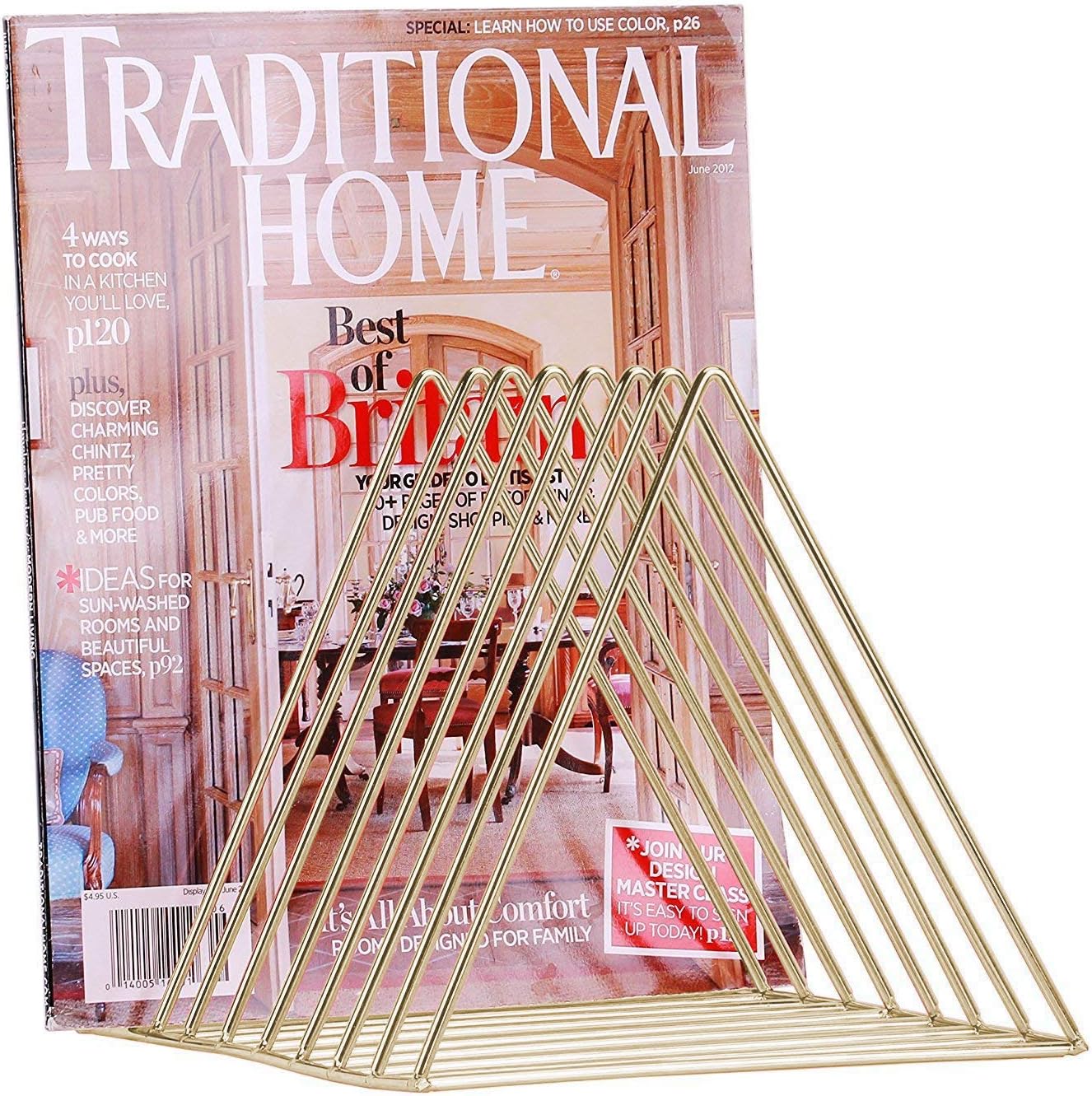 Reliancer File Organizer Triangle Iron Desktop Storage Book Rack Bookshelf Copper Magazine Newspaper Holder Art Desktop Organizer Wire Collection 9 Section for Office Home Decoration (Gold)