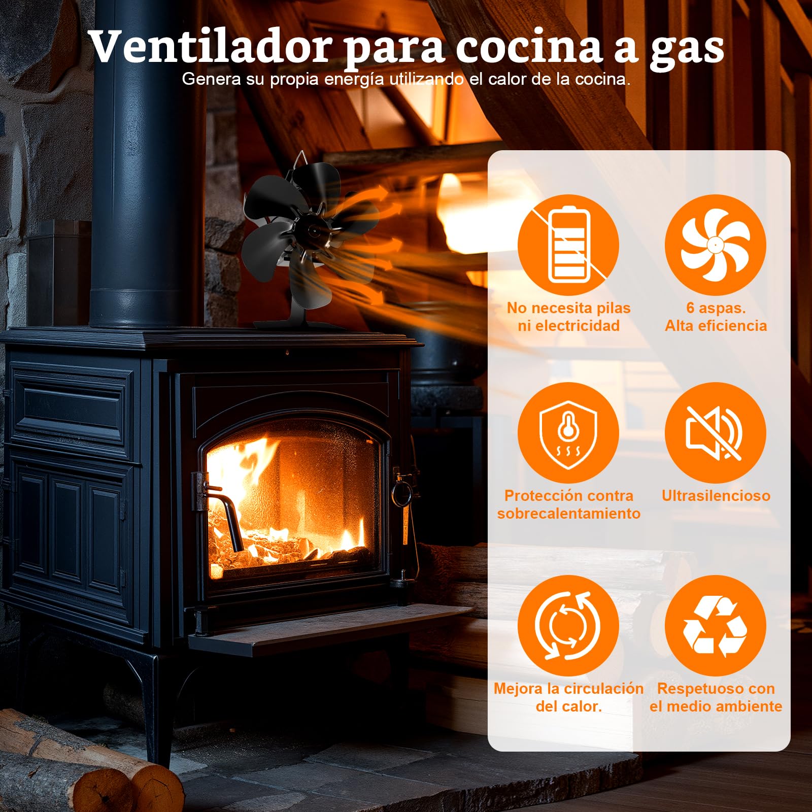 Ventiladores de estufa para chimeneas，Ventiladores de chimenea, 6 piezas, Ventiladores de chimenea de 6 piezas, Ventiladores de estufa de leña/chimenea/chimenea (Estándar)