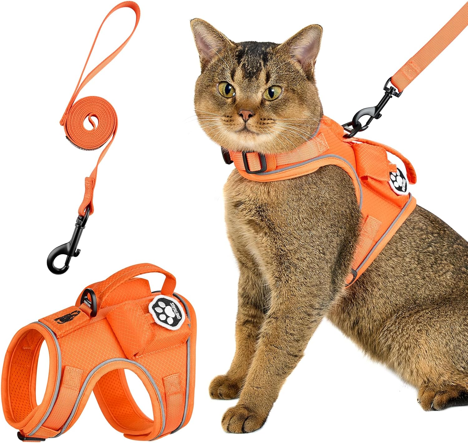 OneTigris Tactical Cat Harness and Leash - Escape Proof Soft Adjustable Cat Harness, Breathable, Comfortable, Durable Water-Resistant Vest with Reflective Strips and Pocket for Cat Tracker