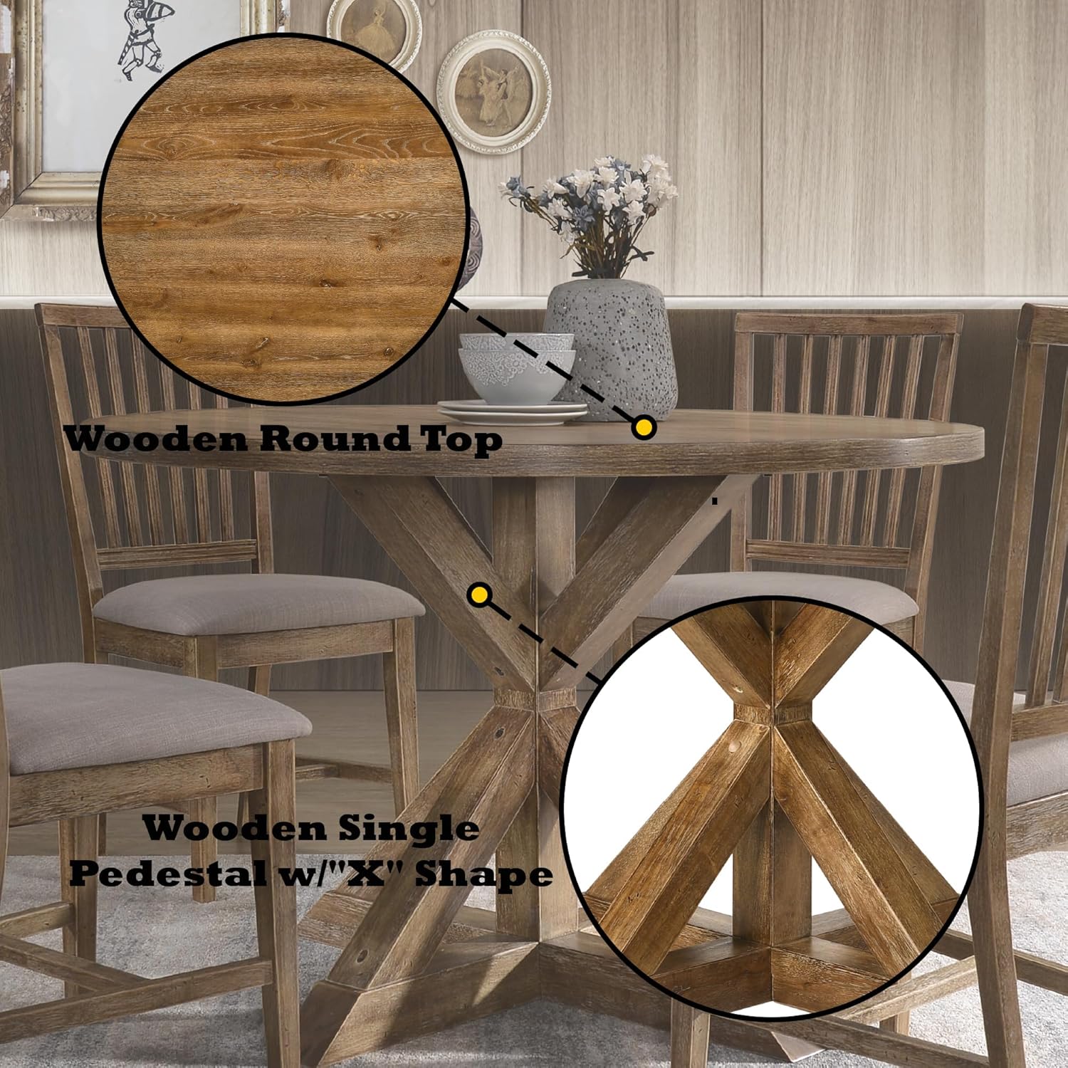Penau Round Pedestal Dining Table with Oak Veneer Wood Top, 36mm Thick Surface, Wooden Single Pedestal Base with X Shape Design, Sturdy Synthetic Wood Construction, 48 x 48 x 30 Inches