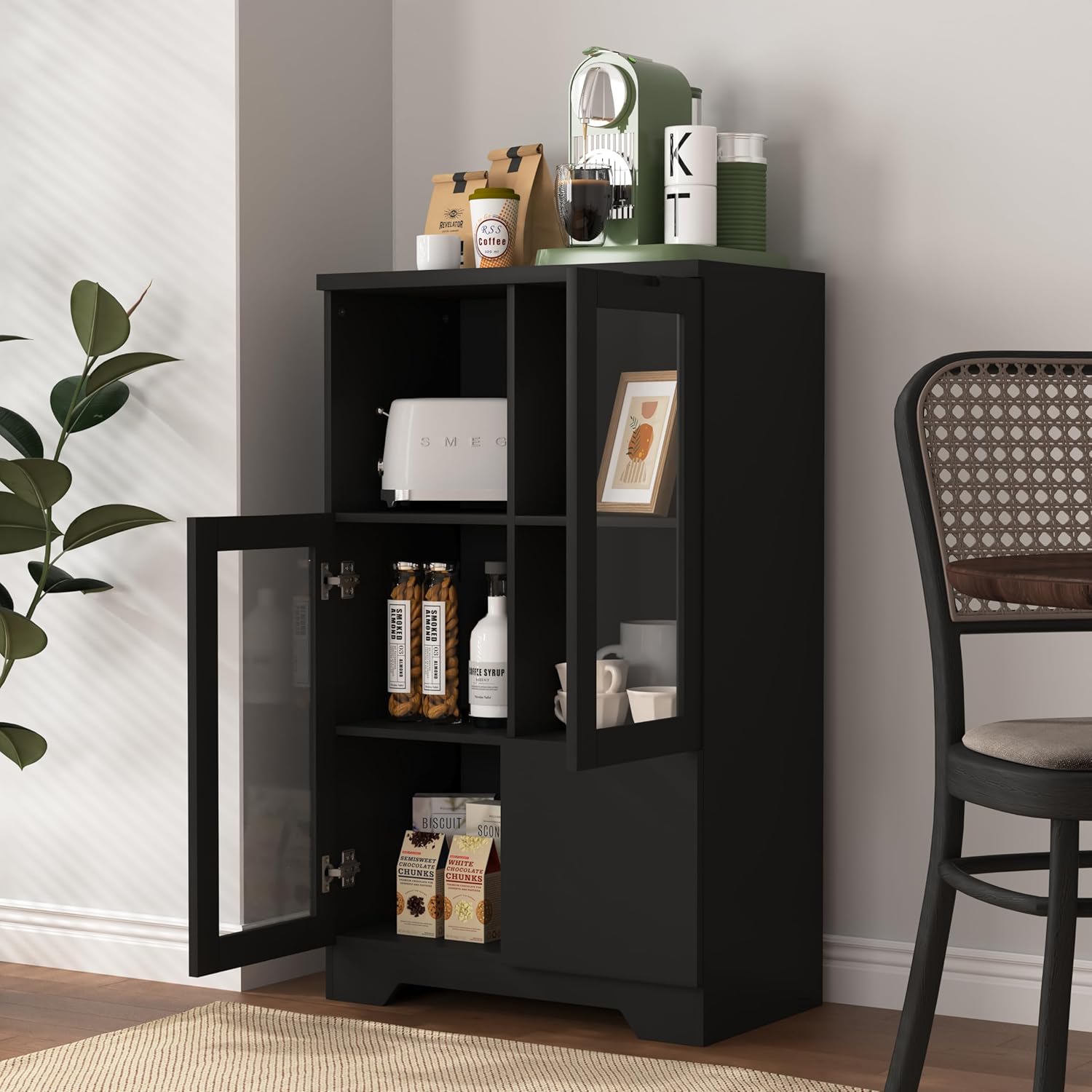Buffet Sideboard with Storage, Dining Room Storage Cabinet, Entryway Cabinet with Glass Doors Drawer for Living Room, Bathroom, Entryway, Bedroom, Dining Room, Condo, Office, Black