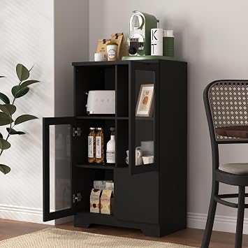 Spaco Storage Cabinet with 2 Glass Doors and Drawer,Wood Kitchen Pantry with 2 Adjustable Shelves,Classical Pantry Cabinet for Living Room,Apartment. Black