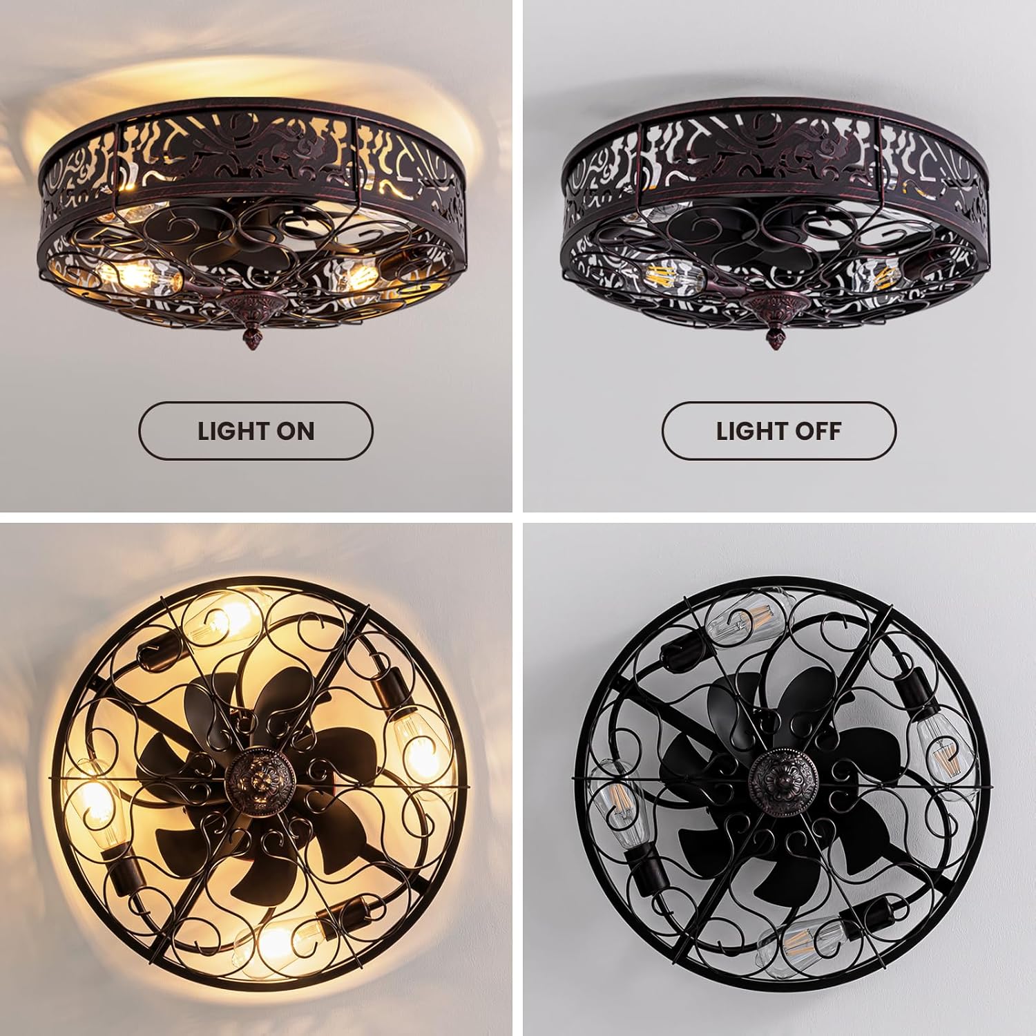 20" Caged Ceiling Fans with Lights, Vintage Flush Mount Fandelier,6 Speed Reversible Farmhouse Bladeless Low Profile Ceiling Fans for Bedroom,Kitchen,Living Room,Dining Room