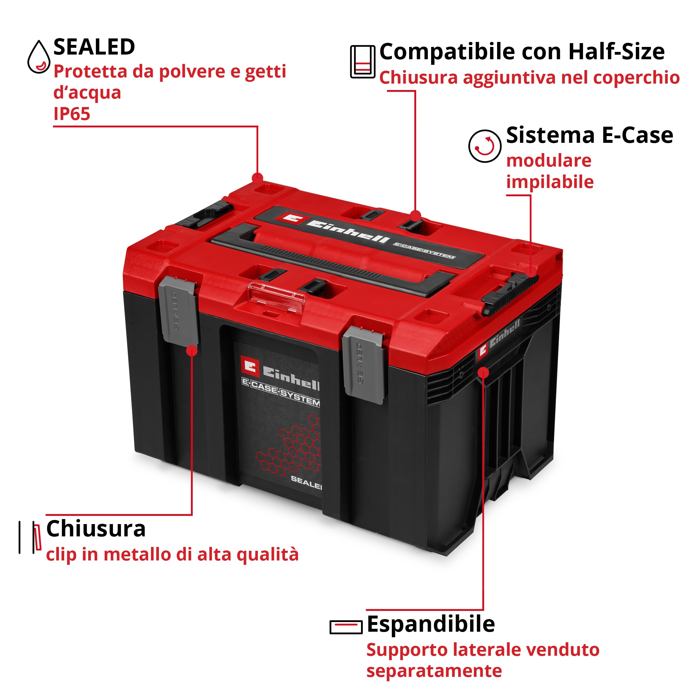 Einhell E-Case M SEALED (sistema E-Case, resistente alla polvere e ai getti d'acqua, compatibile con le E-Cases Half Size, 44 x 33 x 29 cm, carico utile max. 90 kg, maniglia per il trasporto)