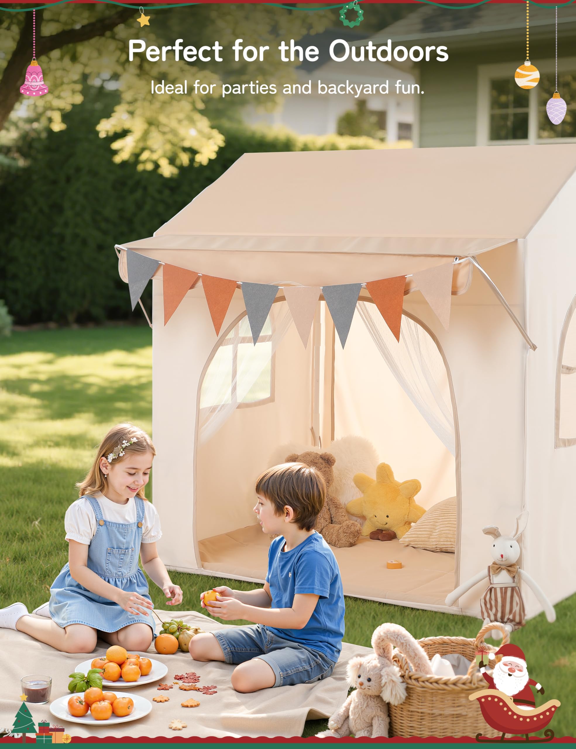 Besrey Tenda per Bambini 2-in-1, Tenda da Gioco con Tettoia per Interni ed Esterni, con Luci, Bandierine e Tappetino, Design Ampio per Lettura e Giochi Creativi - Regalo di Natale Ideale per Bambini