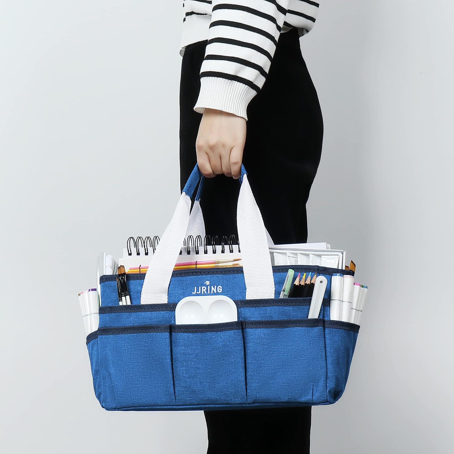 JJRING Craft Organizer Tote Bag, Art Storage Caddy with Multiple Pockets, Blue Sewing Bag for Art, Craft, Scrapbooking, School, Medical, and Office Supplies Storage