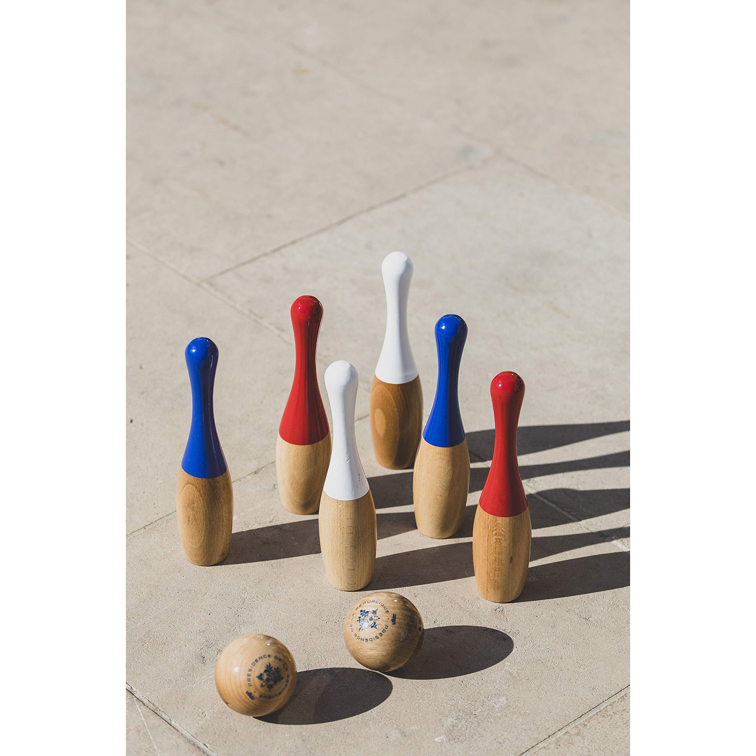 Vilac - Jeu de quilles Elysée - Jeu d'adresse - Activité familiale - Quilles en Bois de Hêtre - Jeu de Jardin - Couleurs France - 100% Made in France - Pochon de Rangement