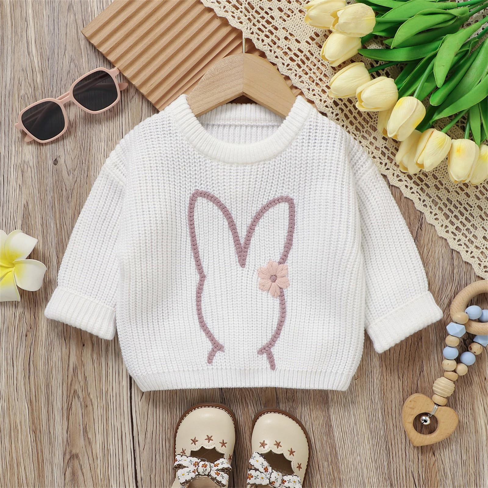 Jersey de punto para niños con diseño de conejo, suéter suave con apliques de flores de punto, abrigo informal de punto para primavera y otoño