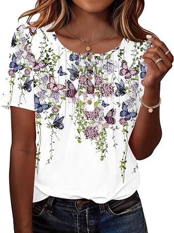 Rapbin Short Sleeve Shirts for Women Pleated Crewneck Cute Blouses Dressy Casual Elegant Tops Loose peasant Summer T-Shirts