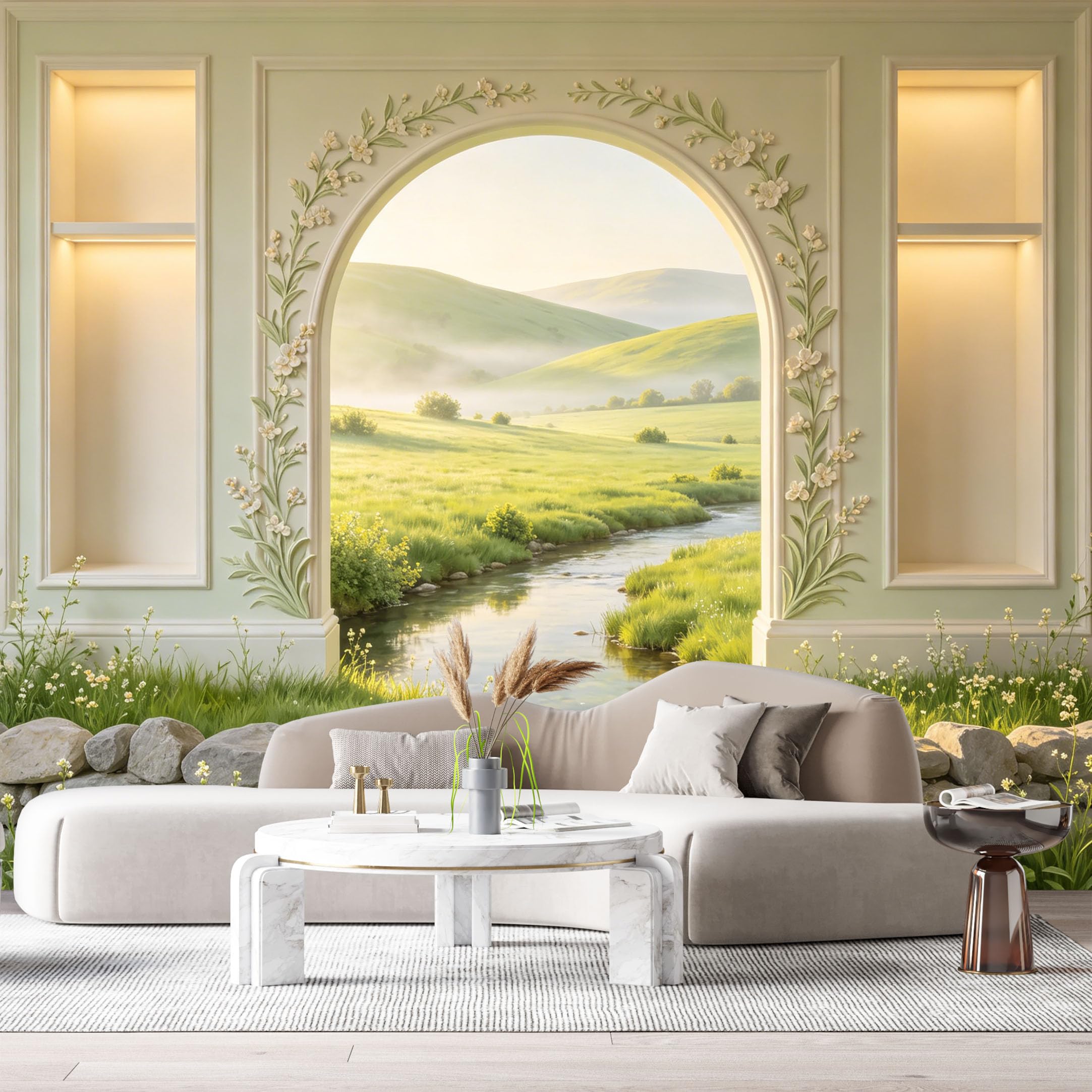 Custom Size Wall Murals Neoclassical Archway Meadow River Landscape 3D Trompe L'Oeil SelfAdhesiveWall Fabric Removable Wallpaper Wall Decor for Living Room Bedroom Bathroom