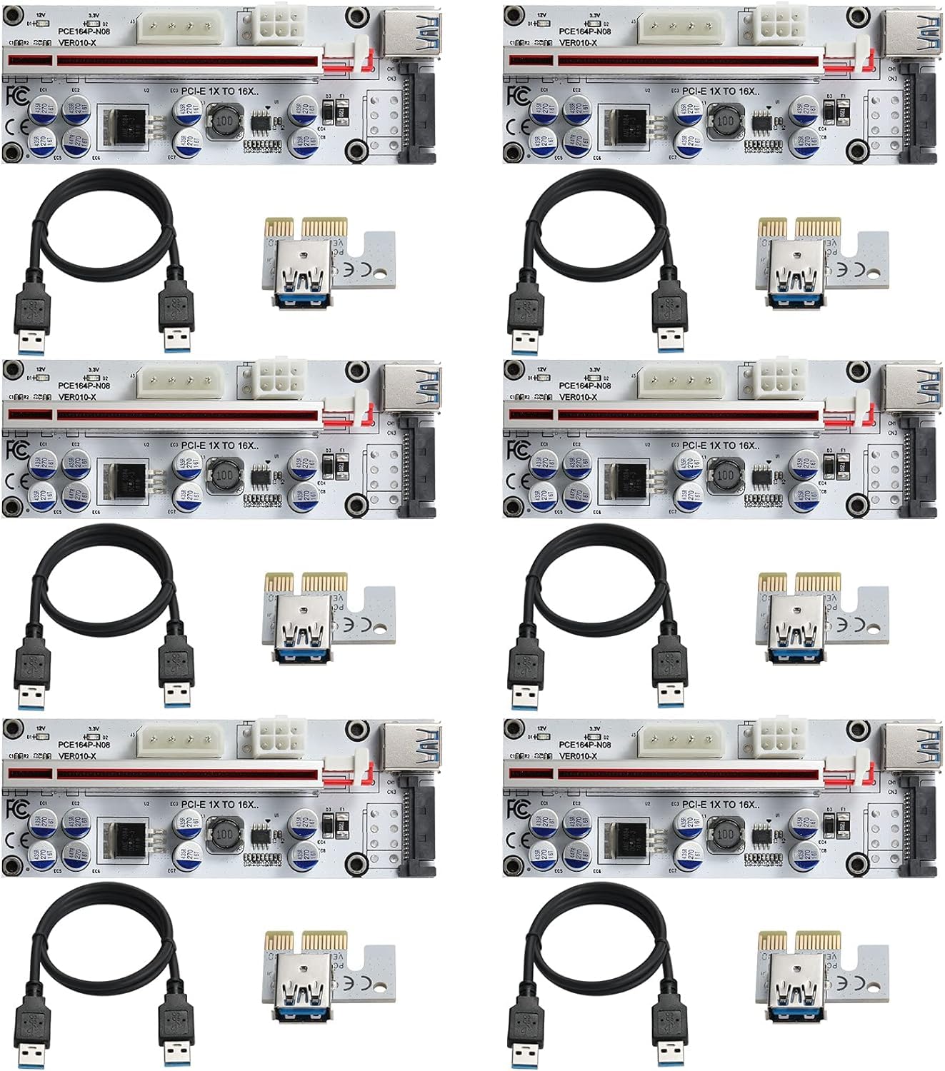 PCIE Riser 1 x bis 16 x Grafikerweiterung für Bitcoin GPU Mining Powered Riser-Adapterkarte, 8 Feste Kondensatoren, 3 Power-Optionen (6PIN / SATA / 4 PIN),60 cm USB 3.0-Kabel,6-Pack