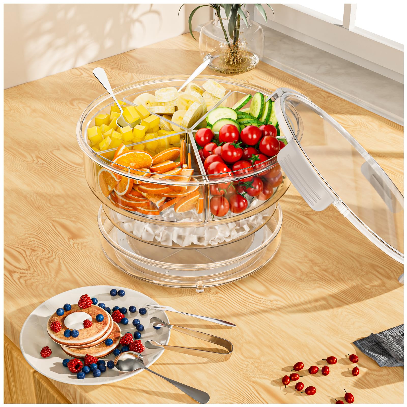 caktraie Condiment Tray [with 360° Rotating Tray Turntable] Stainless Steel 5 Spoons, 5 Forks and 1 Clip, Bar Ice Fruit Holder, Condiment Server, Compartment Tray with Lid