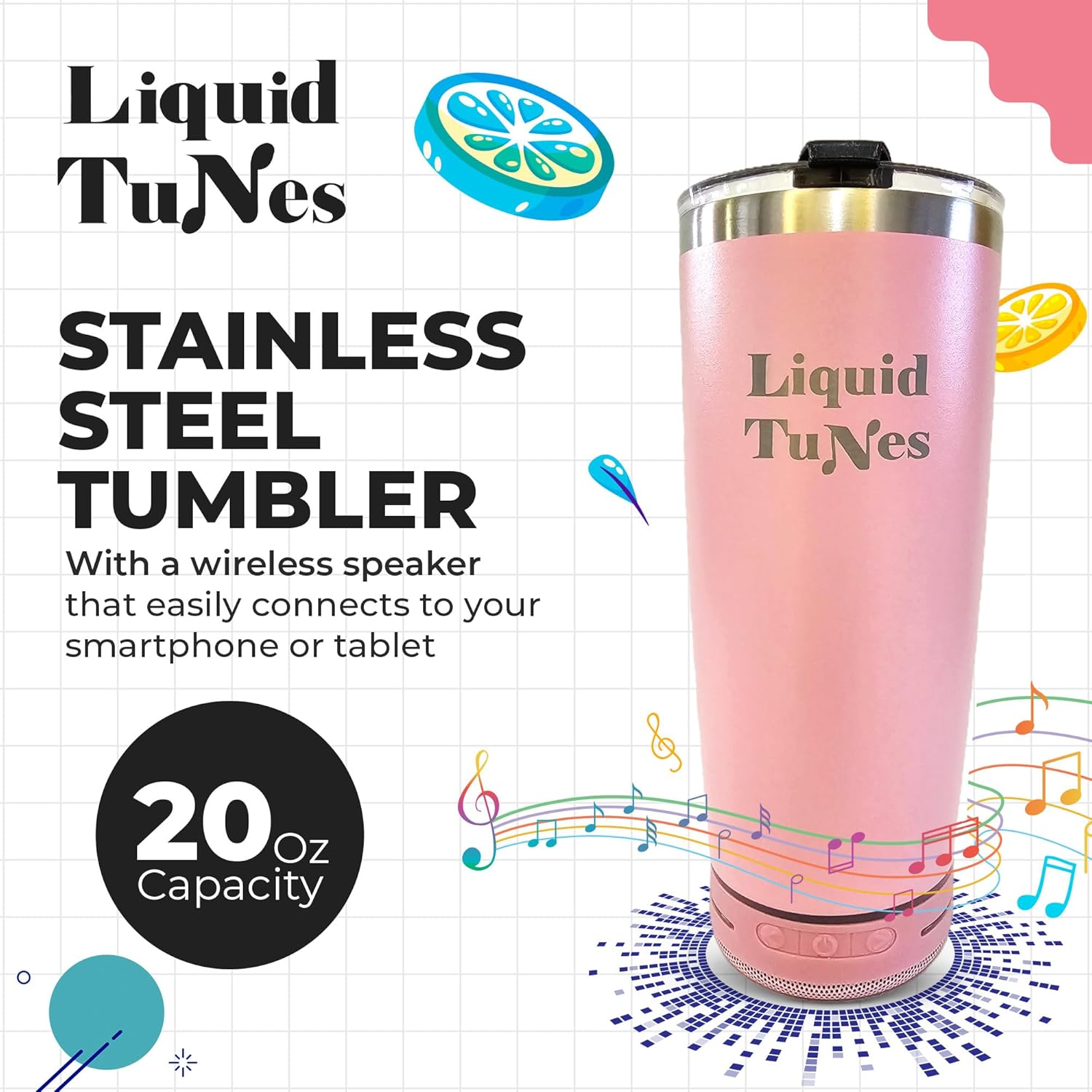 Liquid TuNes Stainless Steel Tumbler with Wireless Music Speaker, 20 oz Tumbler with Double-Wall Vacuum Insulation and Detachable Speaker (Pink) - Image 2
