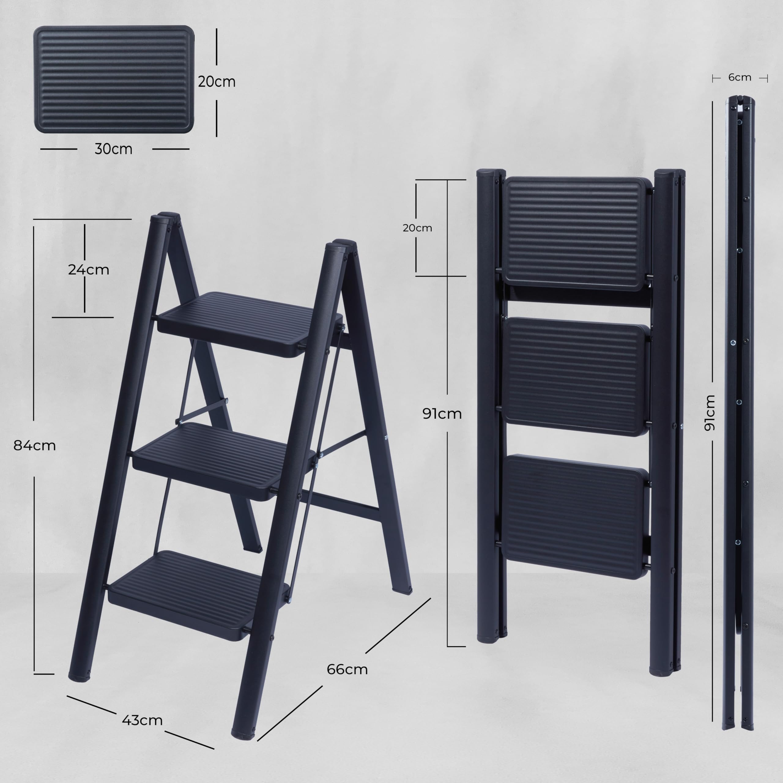 UZIRO Escalera Plegable 3 Peldaños, Escaleras Decorativa, Peldaños Anchos Antideslizantes, Ideal para Uso en Hogar, Cocina y Oficina, Fácil de Guardar y Transportar, Resistente (Negro, 3 Peldaños)