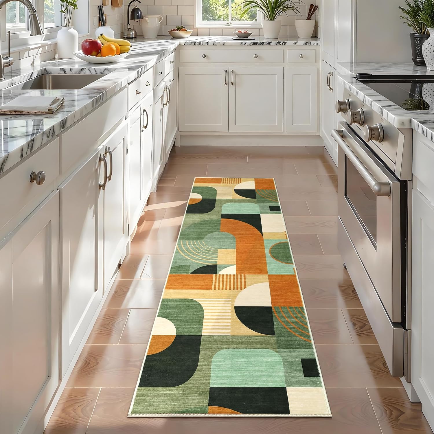 Runner Rugs 2x6, Boho Geometric Print Washable Hallway Runner Long Entryway Rug Soft Low Pile Non-Slip Kitchen Rug Runners for Bedroom Laundry, Green Multi, 2'x6'