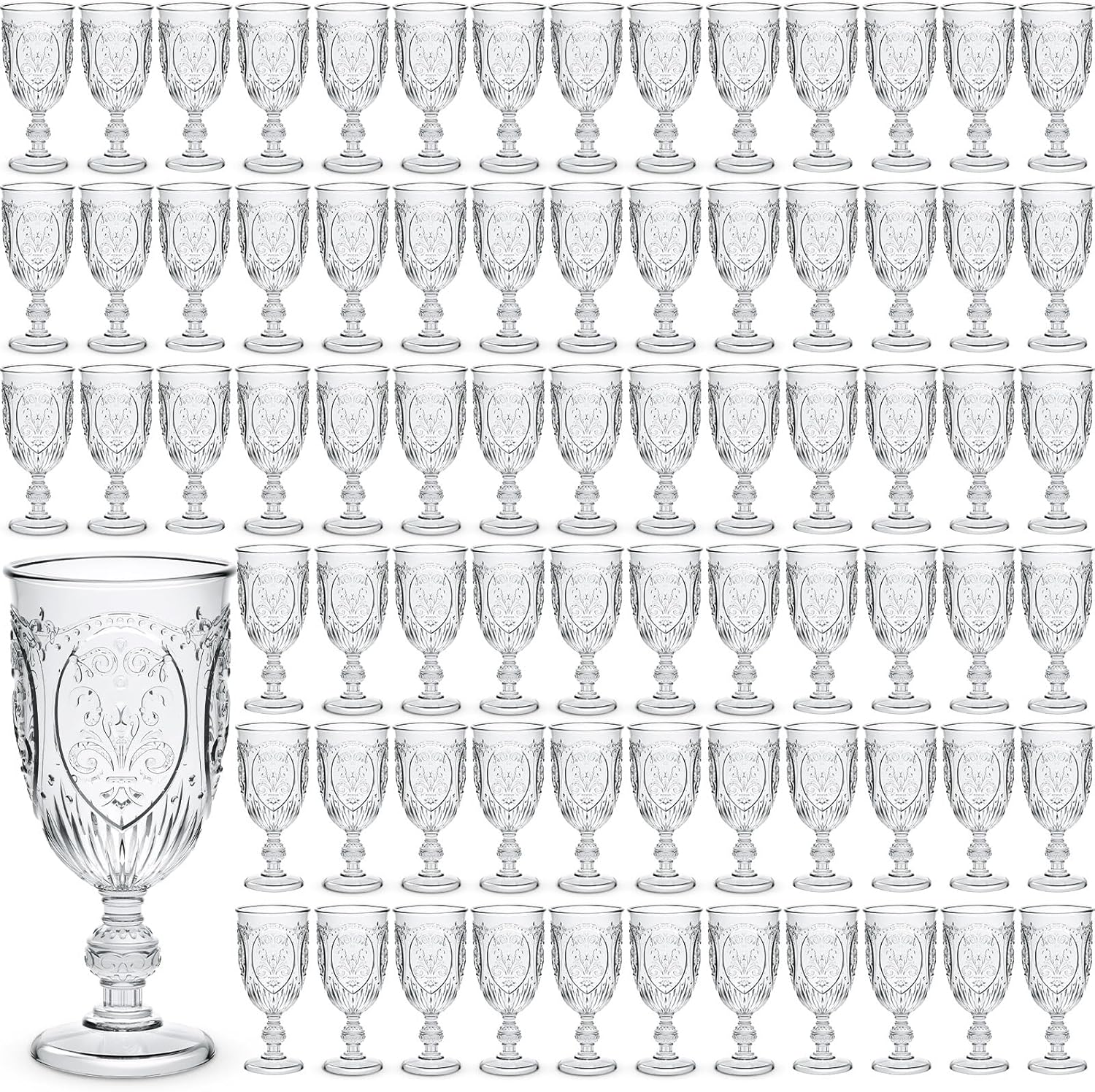 100 Pcs Plastic Goblets 7.5oz Vintage Goblet Plastic Wine Glasses Colored Retro Embossed Water Goblets for Wine Bar Juice Baby Shower Wedding Reception Grand Event Party (Clear) Clear 100