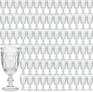 100 Pcs Plastic Goblets 7.5oz Vintage Goblet Plastic Wine Glasses Colored Retro Embossed Water Goblets for Wine Bar Juice Baby Shower Wedding Reception Grand Event Party (Clear)