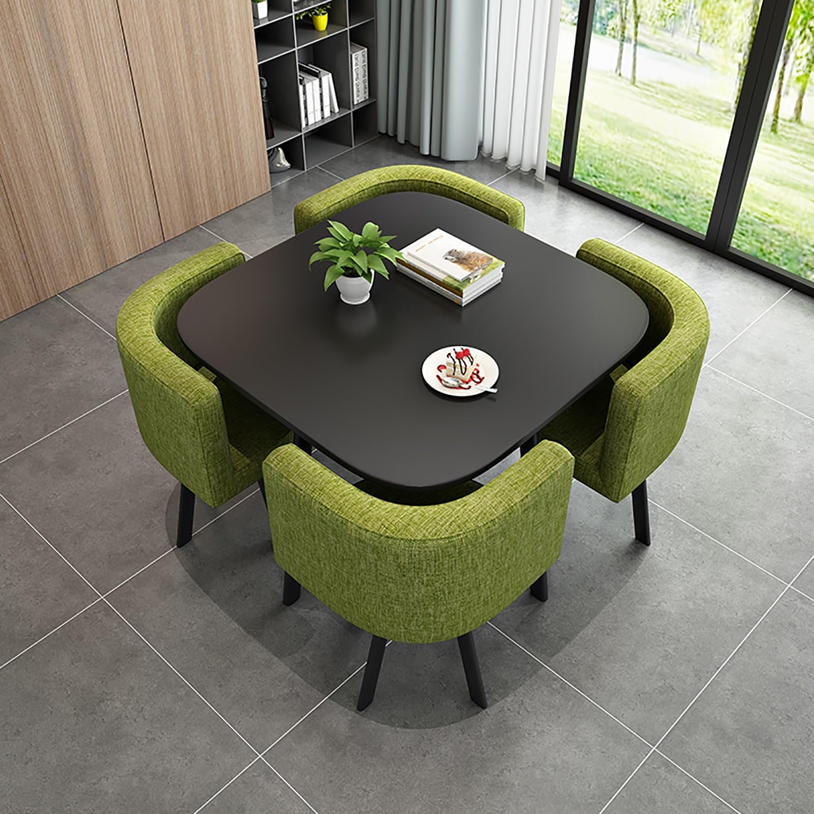 Round Dining Table Set for 4 with Marble Top and Chairs Office Reception Desk and Chair Set Suitable for Lounge Living Room Modern Furniture Dining Set,Green-Square-Fabric