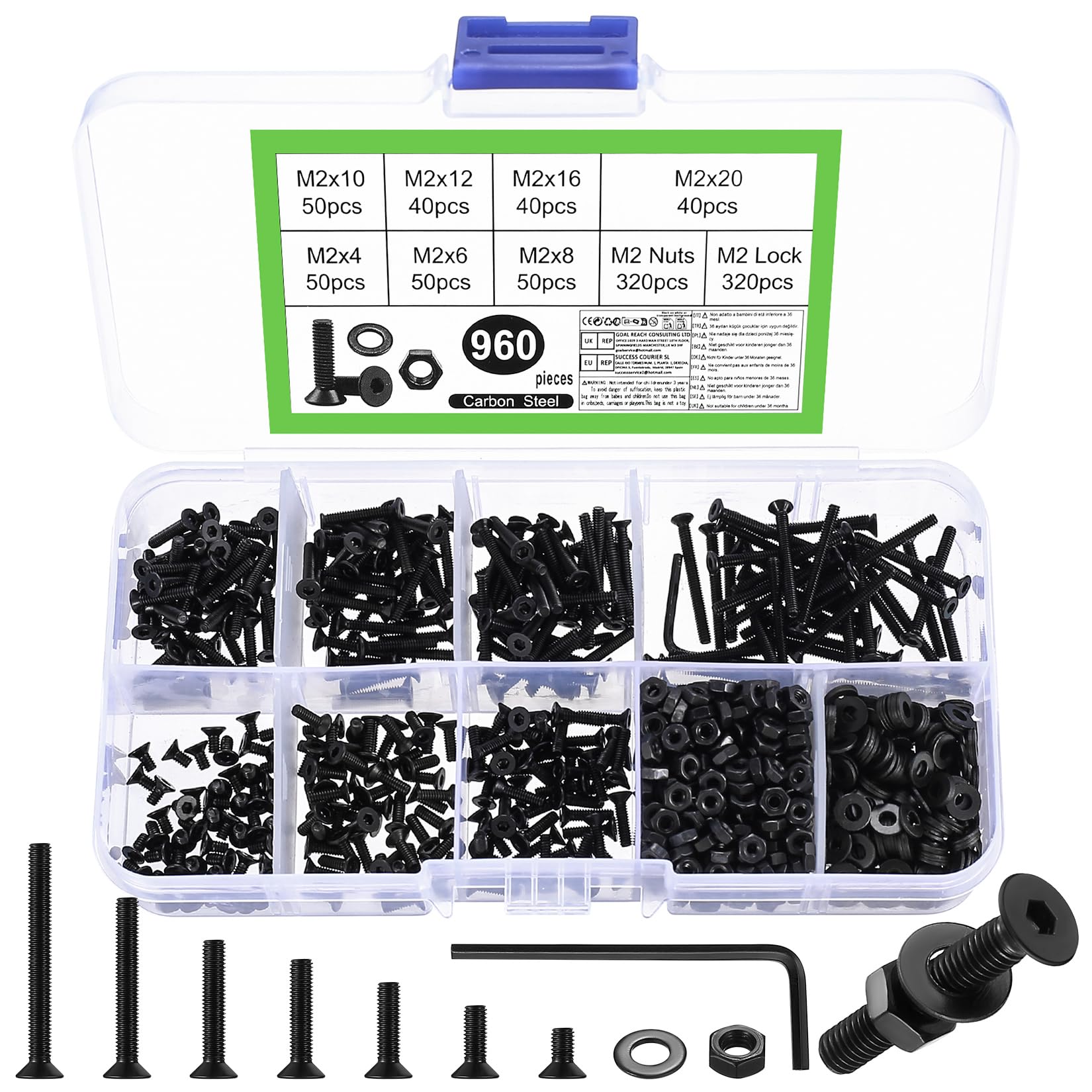 960 Pcs M2 Countersunk Bolts and Nuts Set, Small Countersunk Flat Head Machine Screws