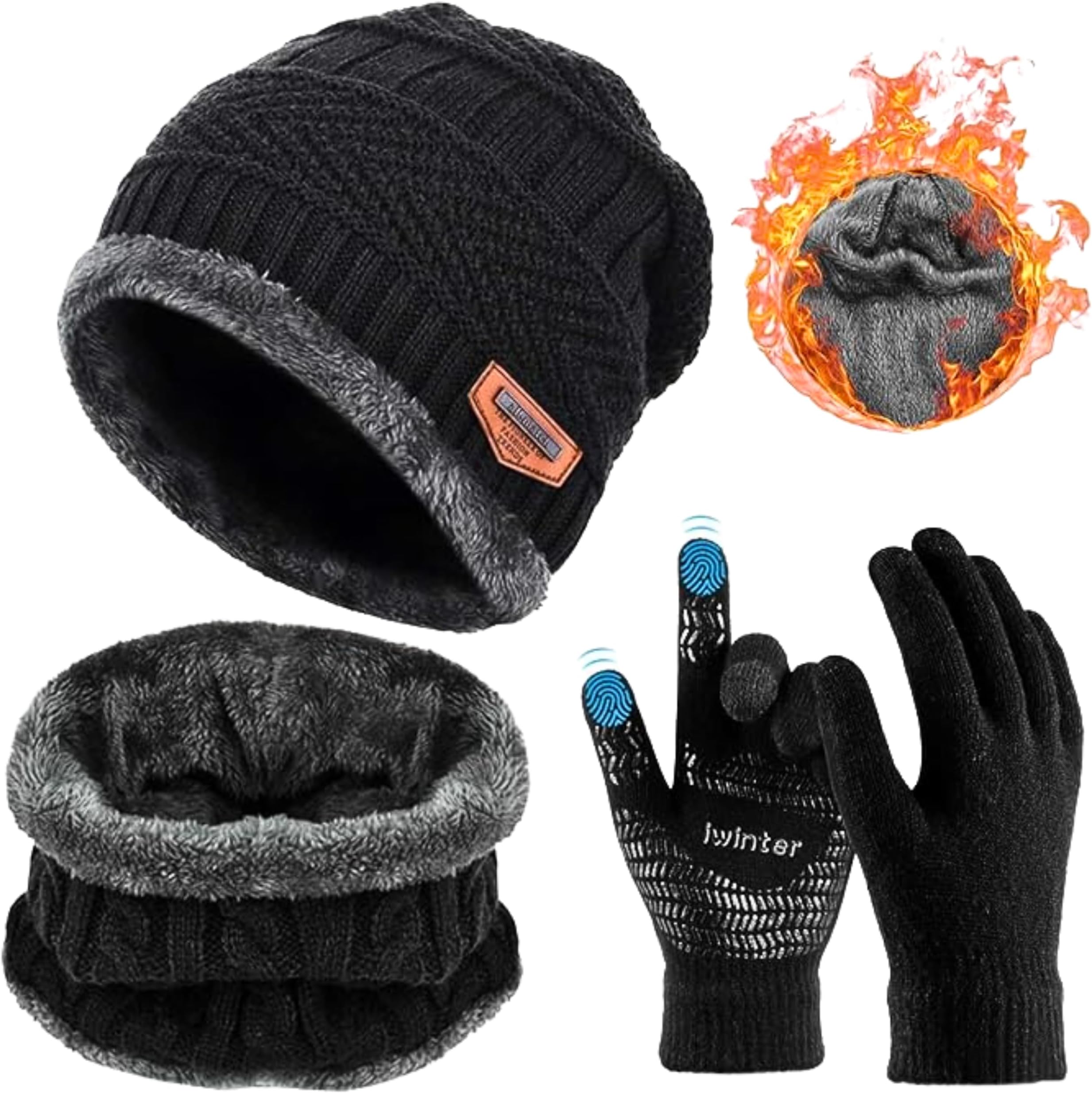 Woolen Winter Cap Beanie Hat with Neck Muffler, Hand Gloves Set for Men Women Ultra Soft Thick Fleece Lined Winters Warmer Combo Kit for Neck, Ears and Hand for Travelling and Snowboarding