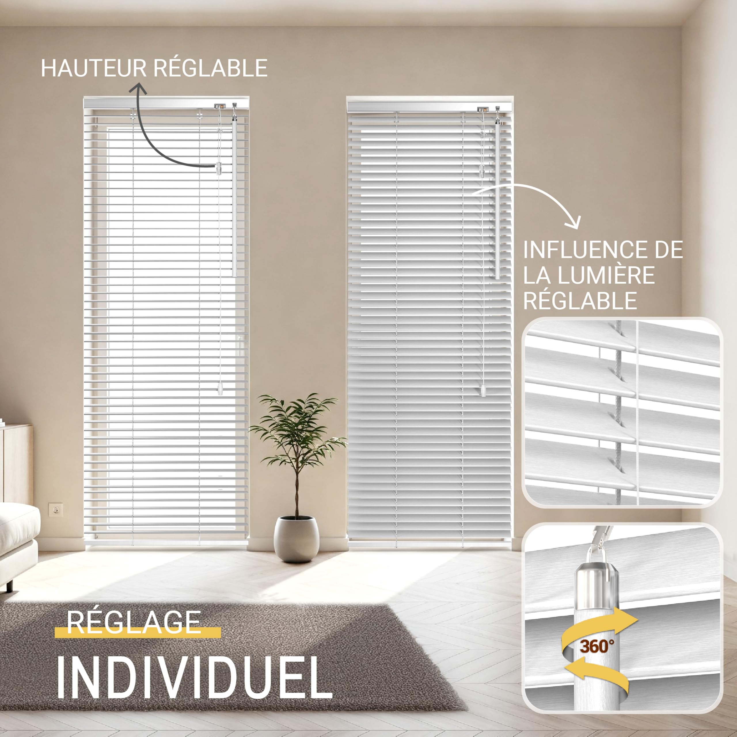 Sol Royal Store Venitien 90x160 cm JH3 – Store Venitien Bois à Lamelles Écologiques Blanc – Stores Vénitiens intérieurs pour Fenêtres et Portes