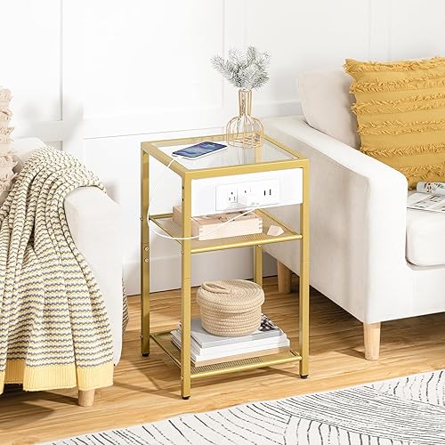 Miniatura 6 de HOOBRO Juego de 2 mesas auxiliares con estación de carga, mesas auxiliares con puertos USB y tomas de corriente, mesitas de noche delgadas de 3