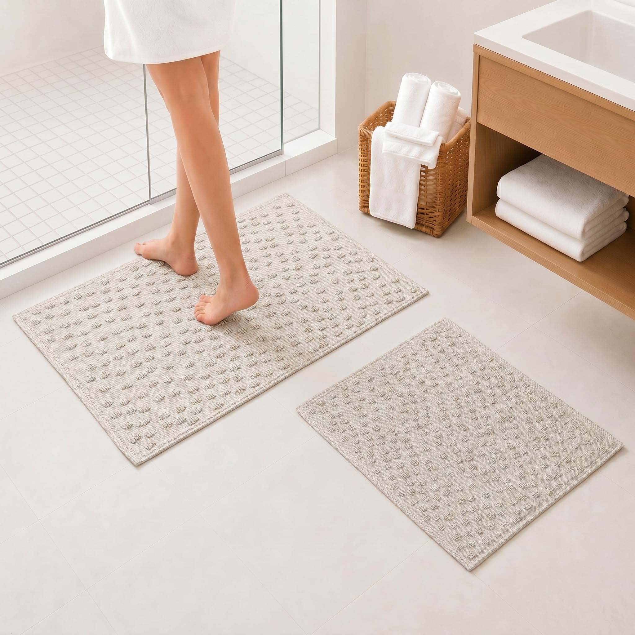 Ruglenza Bathroom Mat Set – 2 Piece Non Slip Cotton Bath Mats for Bathroom & Shower, Textured Loop Bath Rug Set, Quick Dry, Machine Washable, Easy Clean (Cream/Cream-BK09, 50 x 120 CM)