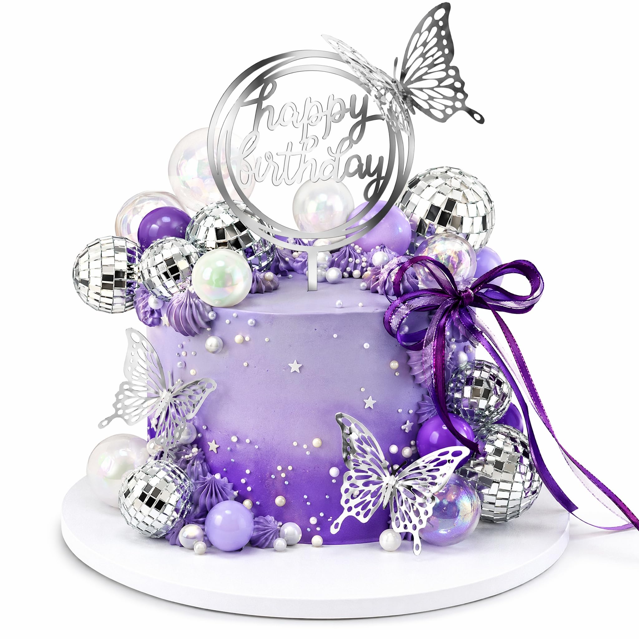 Disco Ball Cake Decorations, 37 Pcs Purple Cake Topper Decorations, Silver Ball, Purple Balls for 80s Cakes Decoration, for Birthday Party Decor