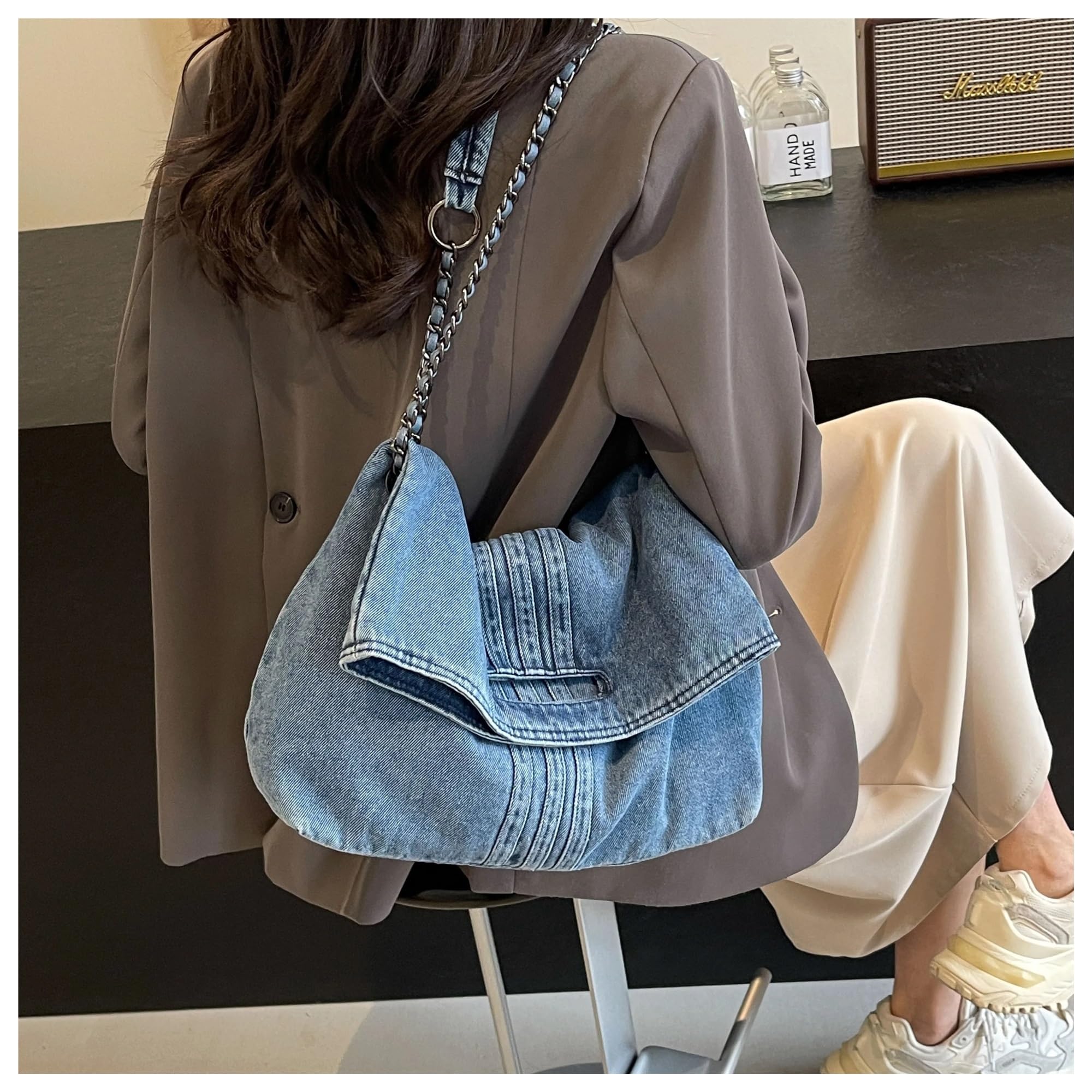 Borsa Jeans Donna Borsa da donna in denim, borsa a tracolla inclinata, tote originale retrò, pigra, grande capacità