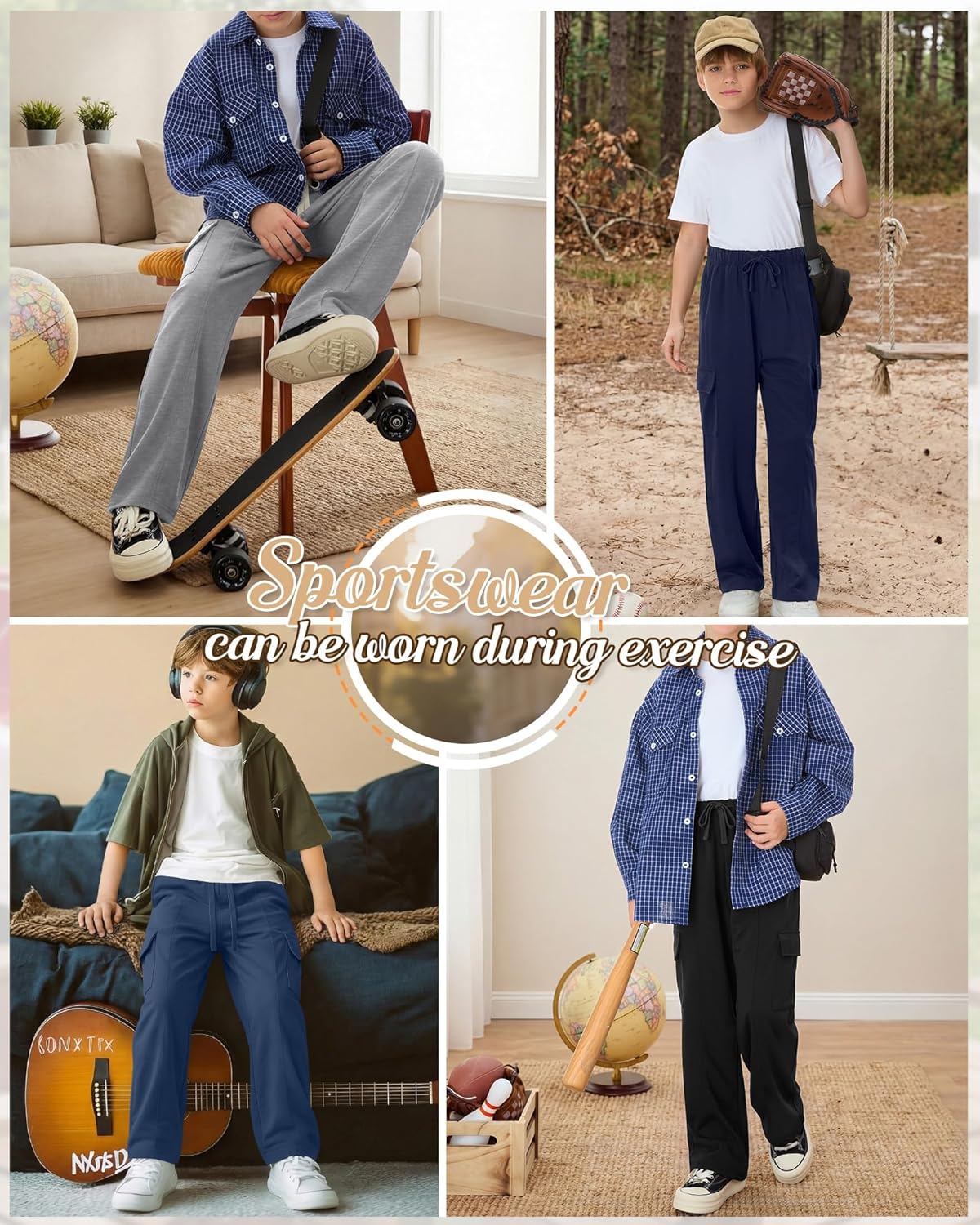 4 Pack Boy's Cargo Sweatpants Drawstring Elastic Waist Athletic Baggy Pants Casual Workout Joggers with 4 Pockets - Image 3