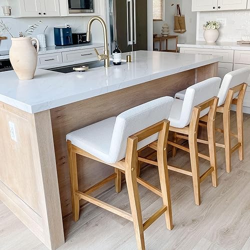 Vista 104 de Nathan James - Gracie - Moderno taburete alto con respaldo, silla alta tapizada con lino texturizado natural y patas de madera cepillada