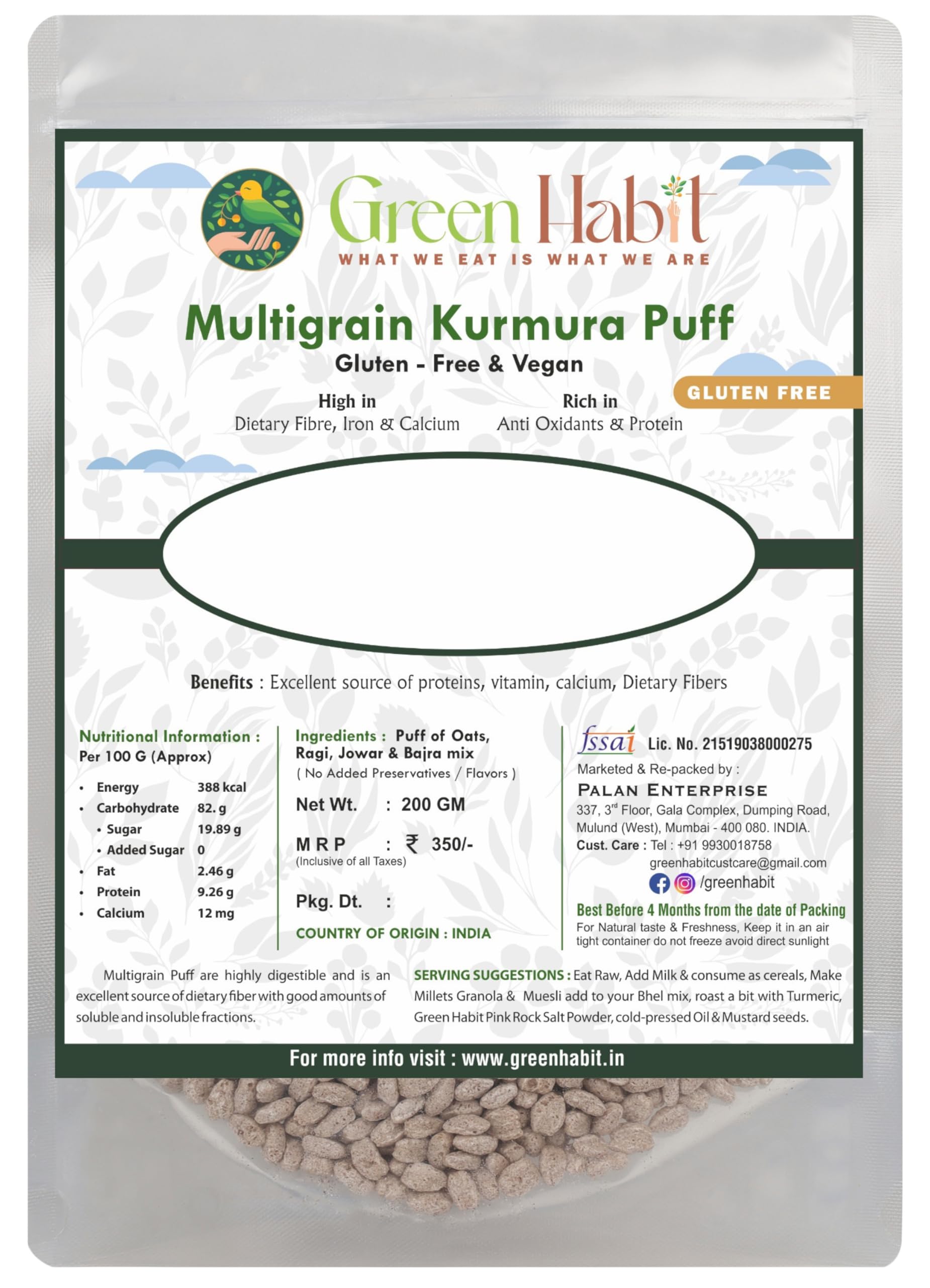 Greenhabit Multi-Grain KURMURA MURMURA(Oats,Jowar,Ragi & Bajra) aka Multi grain Puff for Healthy Breakfast Snack Food (200gm Pack of 4) (B096S1M3D4) Amazon Price History, Amazon Price Tracker