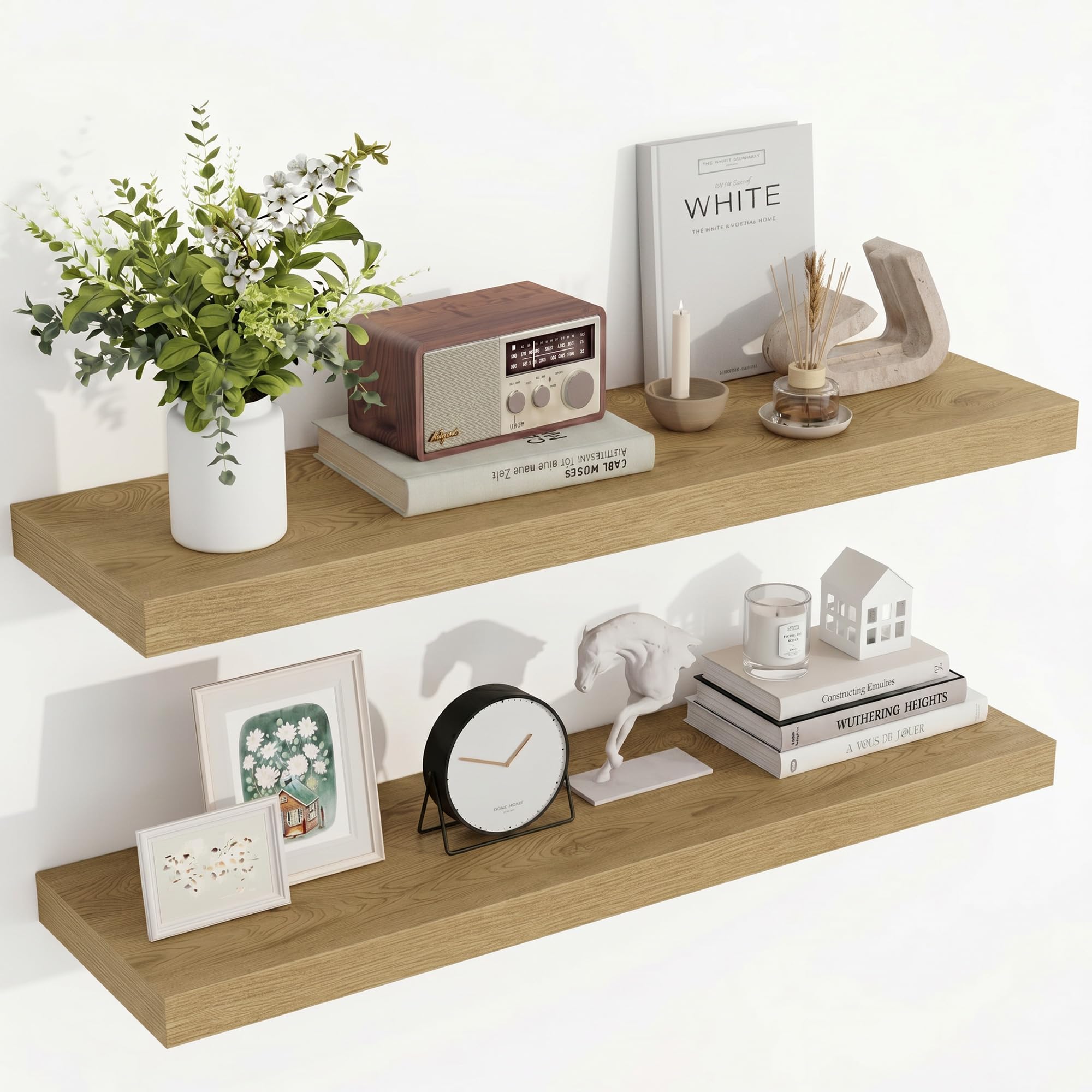 Acovy Floating Shelves for Wall, 23.5cm Extra Deep 90cm Long Wooden Wall Mounted Shelf, Wall Shelves for Living Room Bathroom Bedroom Kitchen, Oak, Set of 2