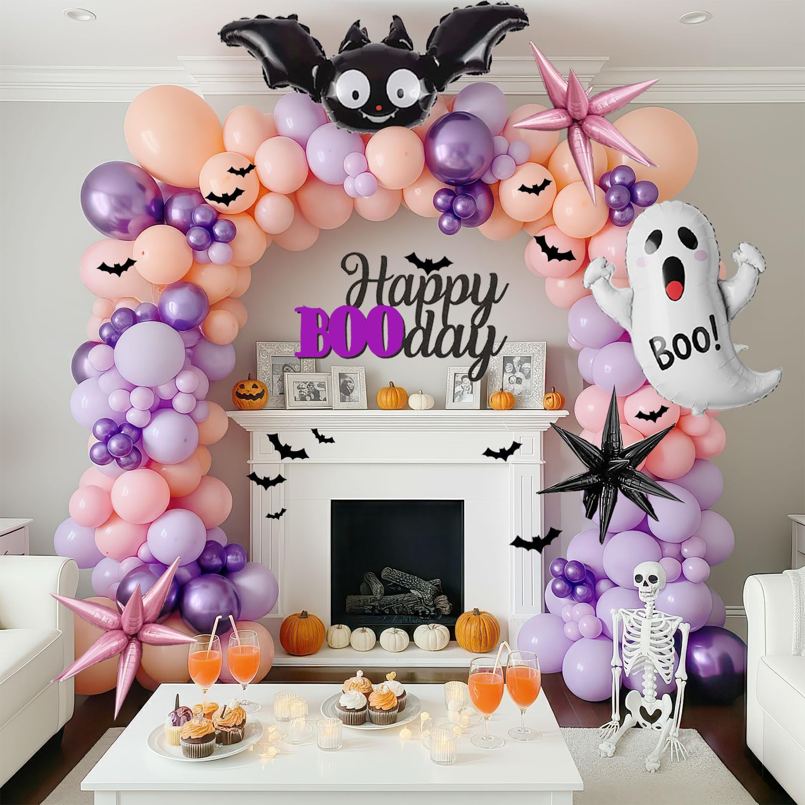Pastel Halloween Birthday Balloon Garland arch Kit 130 Pcs Purple Pink Orange Balloons + Bat Ghost Mylar Balloons for Spooky Halloween Arch Booday