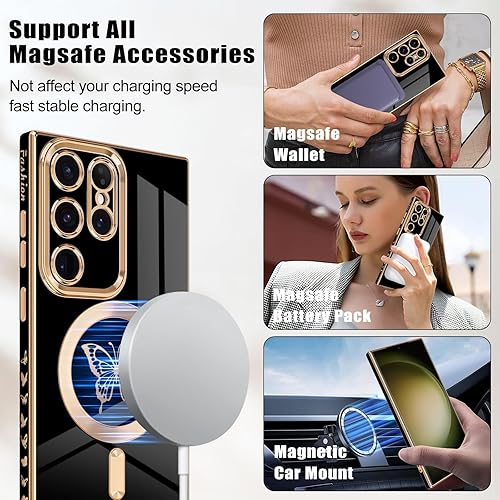 Miniatura 6 de Newseego - Funda magnética para Samsung Galaxy S23 Ultra 5G, bonita funda de lujo con borde chapado de mariposa para mujeres, niñas y hombres, TPU