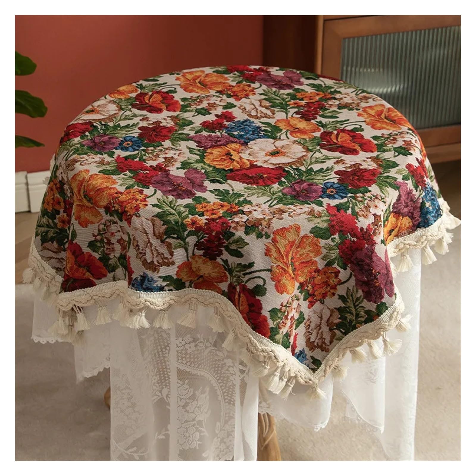 Cigpklo Floral Tablecloth Round Table Cloth Jacquard Yarn-Dyed Retro Round Table Cloth, Tassel Cover Dust-Proof Cabinet Decoration(,90X90cm)