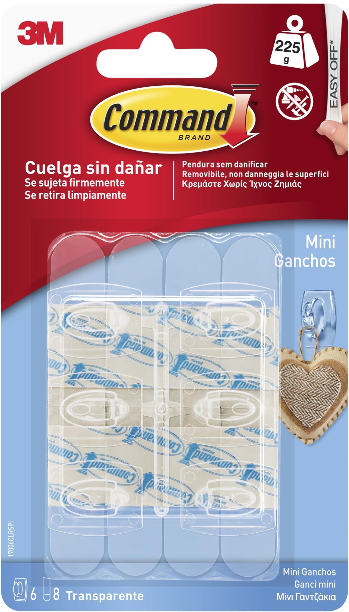 Command Mini Ganci Adesivi Trasparenti per Decorazioni Interne, 6 Ganci e 8 Strisce - Senza Forare, Danneggiare il Muro o Lasciare Residui Appiccosi, Tenuta: 225g
