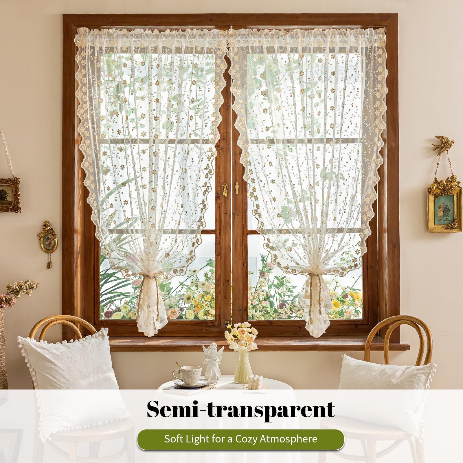 KnBoB Küchengardine Kurz, Bistrogardine Voile, Scheibengardinen mit Pflaumenblüten-Muster, Halbtransparent, Landhausstil, Stangendurchzug, 175x140 cm, Beige