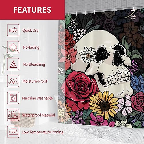 Miniatura 5 de Cortina de ducha de Halloween con diseño de calavera hippie gótica para baño, 72 pulgadas de ancho x 72 pulgadas de alto, espeluznante, rústico,