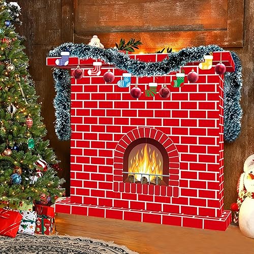 Miniatura 1 de Chimenea de cartón de Navidad de 41 x 35 pulgadas, 3D artificial de ladrillo rojo para chimenea con guirnalda de llama de fuego, calcetines, tarjeta