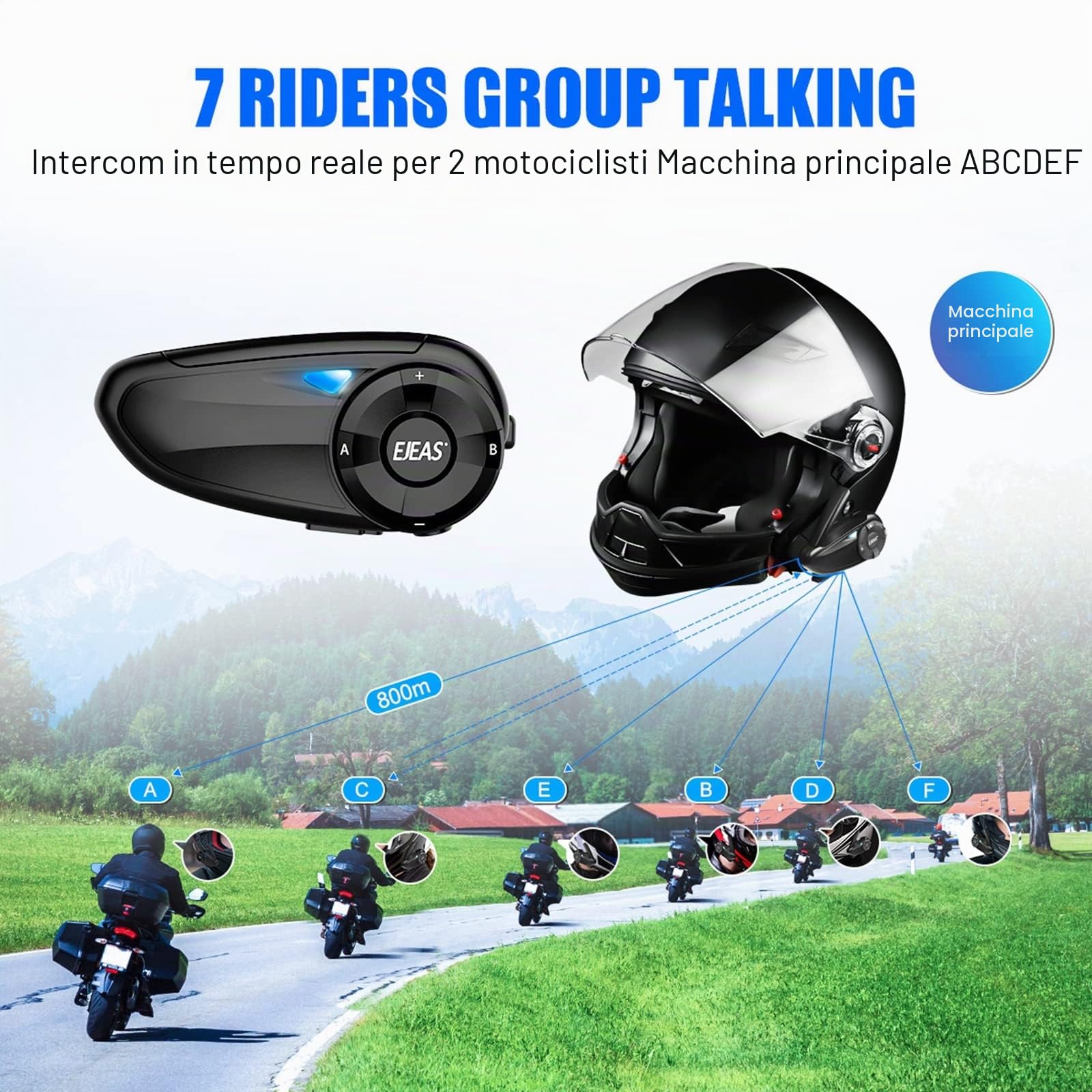 EJEAS Q7 Interfono Moto Bluetooth Coppia, Aggiornato Bluetooth 5.1 Sistema di Comunicazione Interfono Casco Moto con Effetto Sonoro Stereo, Funzione FM e Associazione Rapida (Confezione da 2)