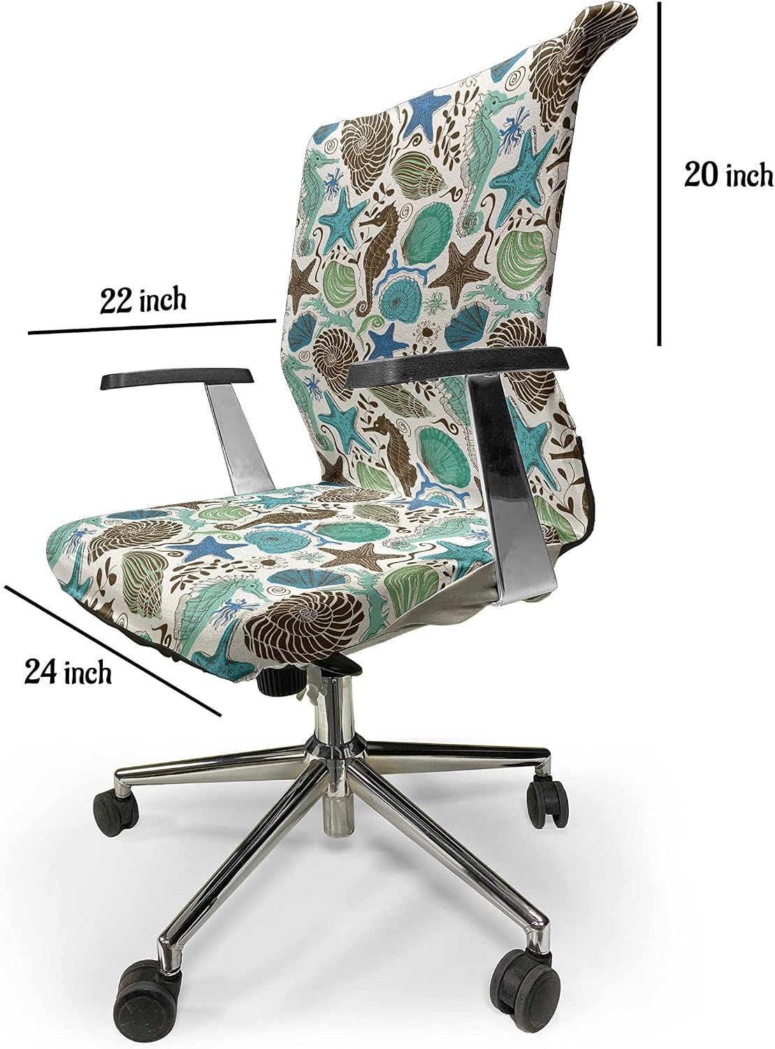 Ambesonne Sea Shells Office Chair Cover, Maritime Art with Seahorse and Starfishes Hand Drawn Aquarium Pattern, Stretchable Decorative Universal Size High Back Printed Slipcover, Seafoam Brown