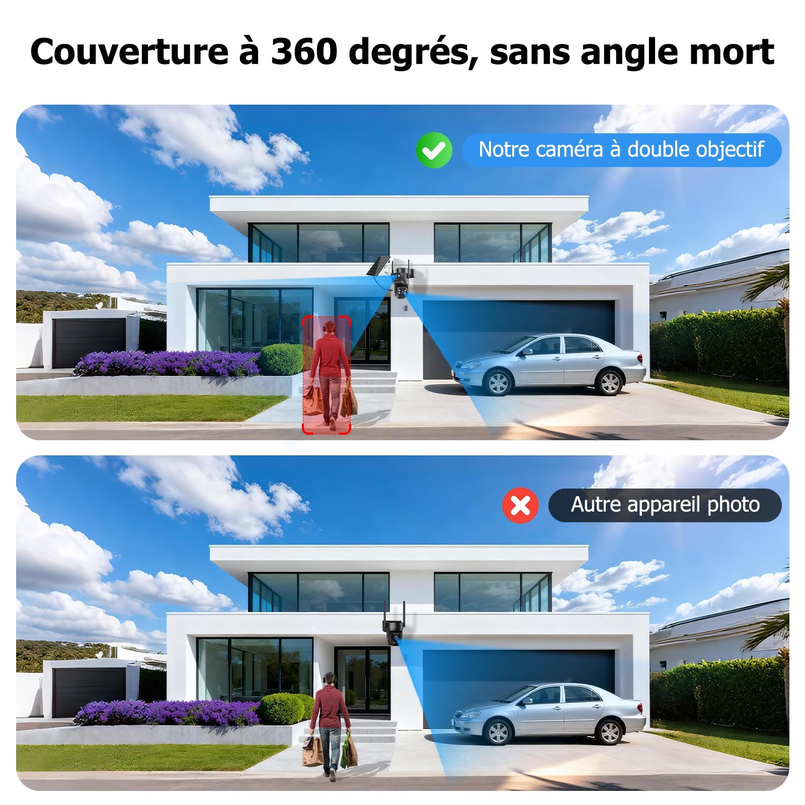 4K Camera Surveillance WiFi Exterieure sans Fil,Camera Solaire/Batterie/Double Objectif,caméras de surveillance Audio Bidirectionnel,360°PTZ Sécurité à Domicile,Suivi Automatique,Vision Vocturne - 4