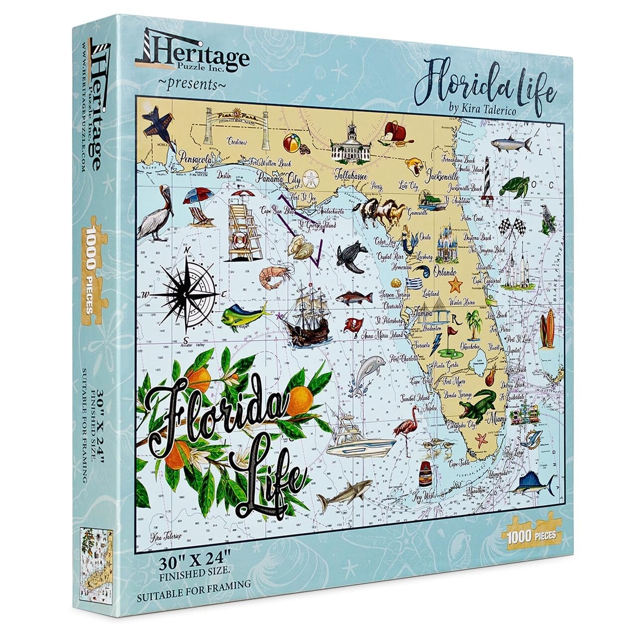 Heritage Puzzle - Florida Life by Kira Talerico 1000 Piece Puzzles for Adults - Detailed Florida Map and Wildlife Art - Frameable Jigsaw Puzzle 30" x 24" Finished Size