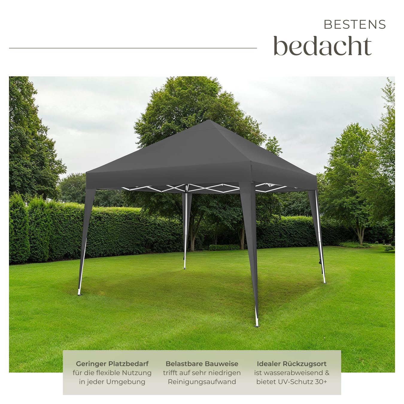 tectake® Pavillon 3x3, Gartenpavillon 3x3, wasserabweisend, höhenverstellbarer Faltpavillon mit Pop Up Klicksystem, Partyzelt für Garten, Festival, Camping, mit Spannseile, Heringe und Tasche - grau