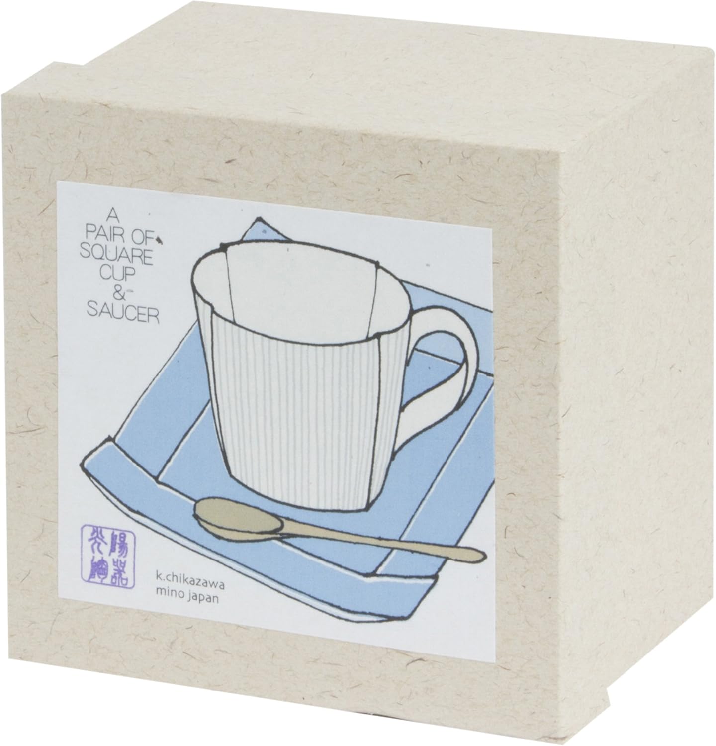 Koyo Pottery K7-35 Cup Saucer, White, Bowl/Diameter 3.2 x Height 2.8 inches (8.2 x 7.1 cm) x 2, Plate: Diameter 4.7 x 4.7 inches (12 x 12 cm) x 2, Bamboo Spoon Included, Square Pair Cup & Saucer