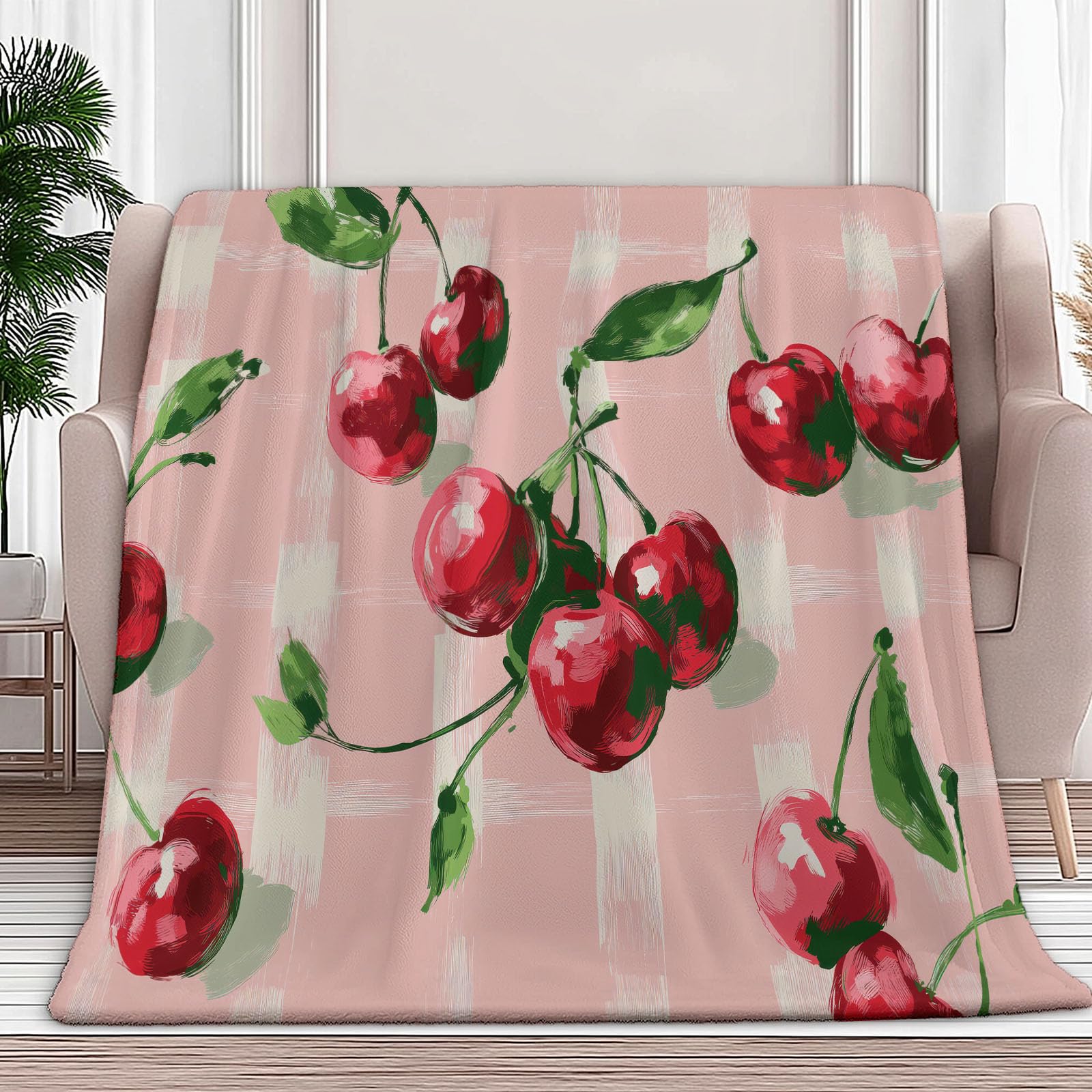 Przytulny koc flanelowy, puszysty, 150 x 200 cm, wiśniowa karo, jako narzuta na sofę i łóżko, miękki koc polarowy z mikrofibry, jako narzuta na kanapę, różowy