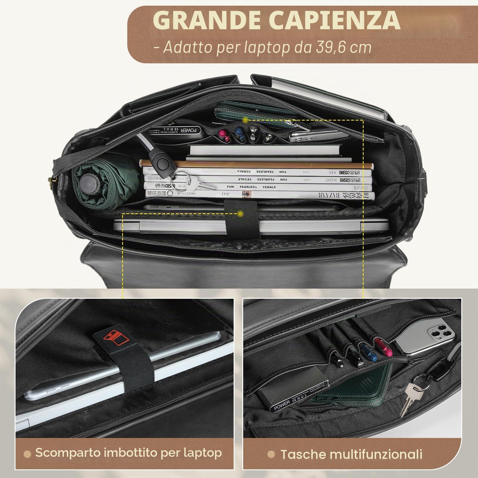 RAINSMORE Borsa Porta PC 15.6 Pollici Lavoro Uomo Ufficio in Pelle PU a Tracolla Documenti Computer Portatile Impermeabile